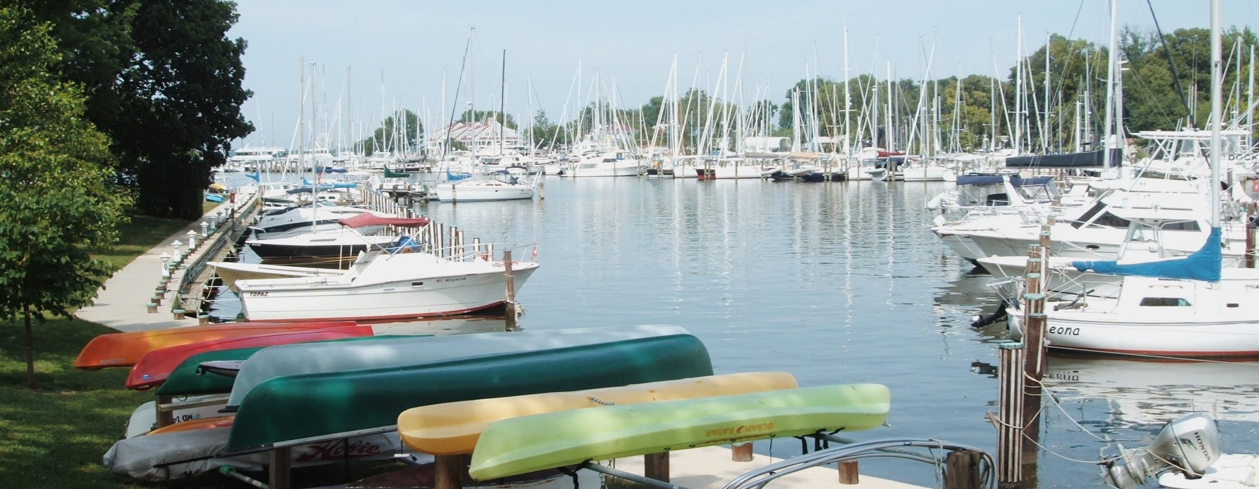 Marina with kayaks and sailing boats.